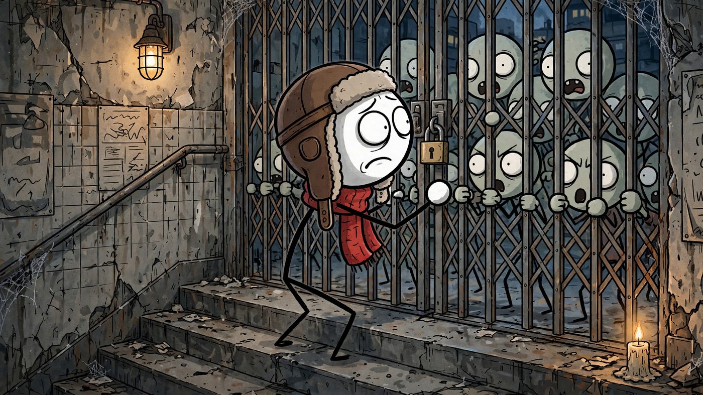 Mr. Fin detiene con la espalda la reja del Metro mientras los zombies empujan del otro lado