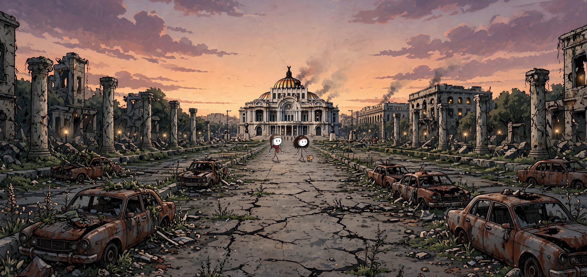 Mr. Fin, Itzel y Tlacuache caminan hacia el Palacio de Bellas Artes en ruinas al atardecer